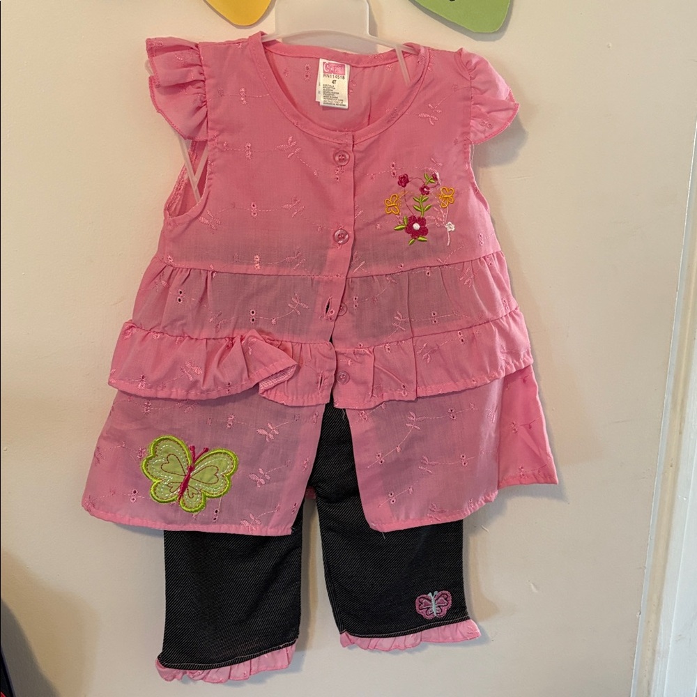 Pink Floral Embroidered Top and Pants Set